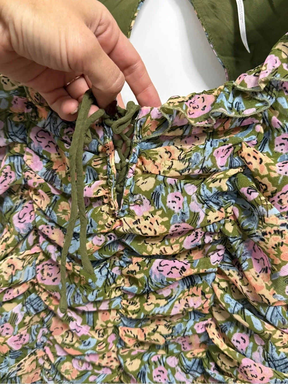 Free People Olive Multi Floral Ruffled Ruched Blouse